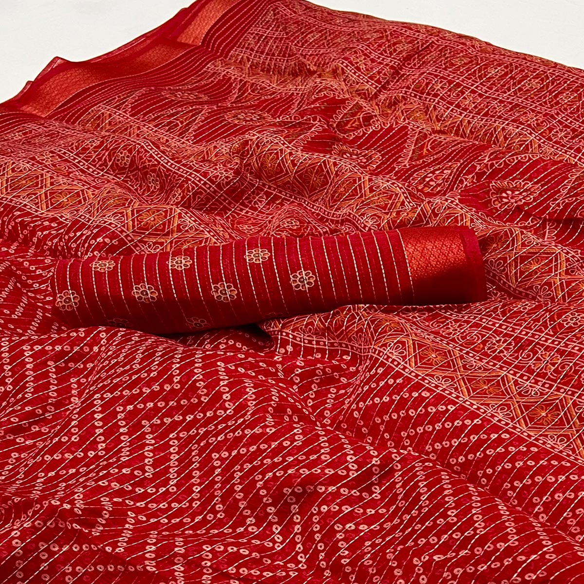 Red Bandhani Printed Linen Saree