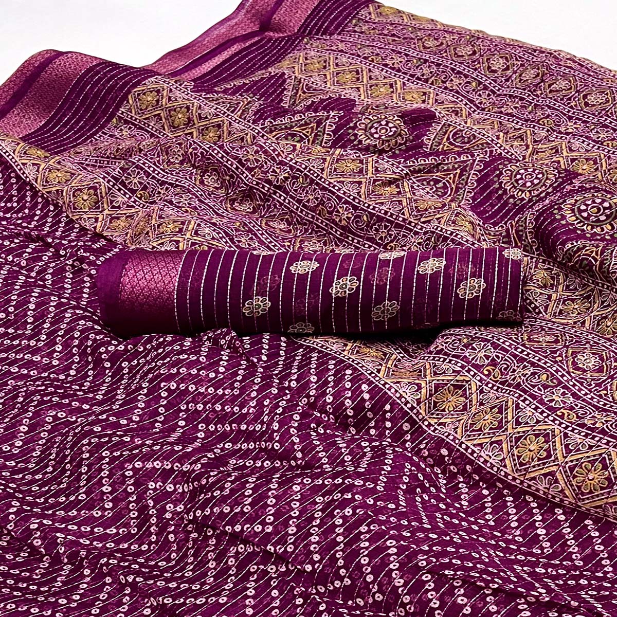 Purple Bandhani Printed Linen Saree