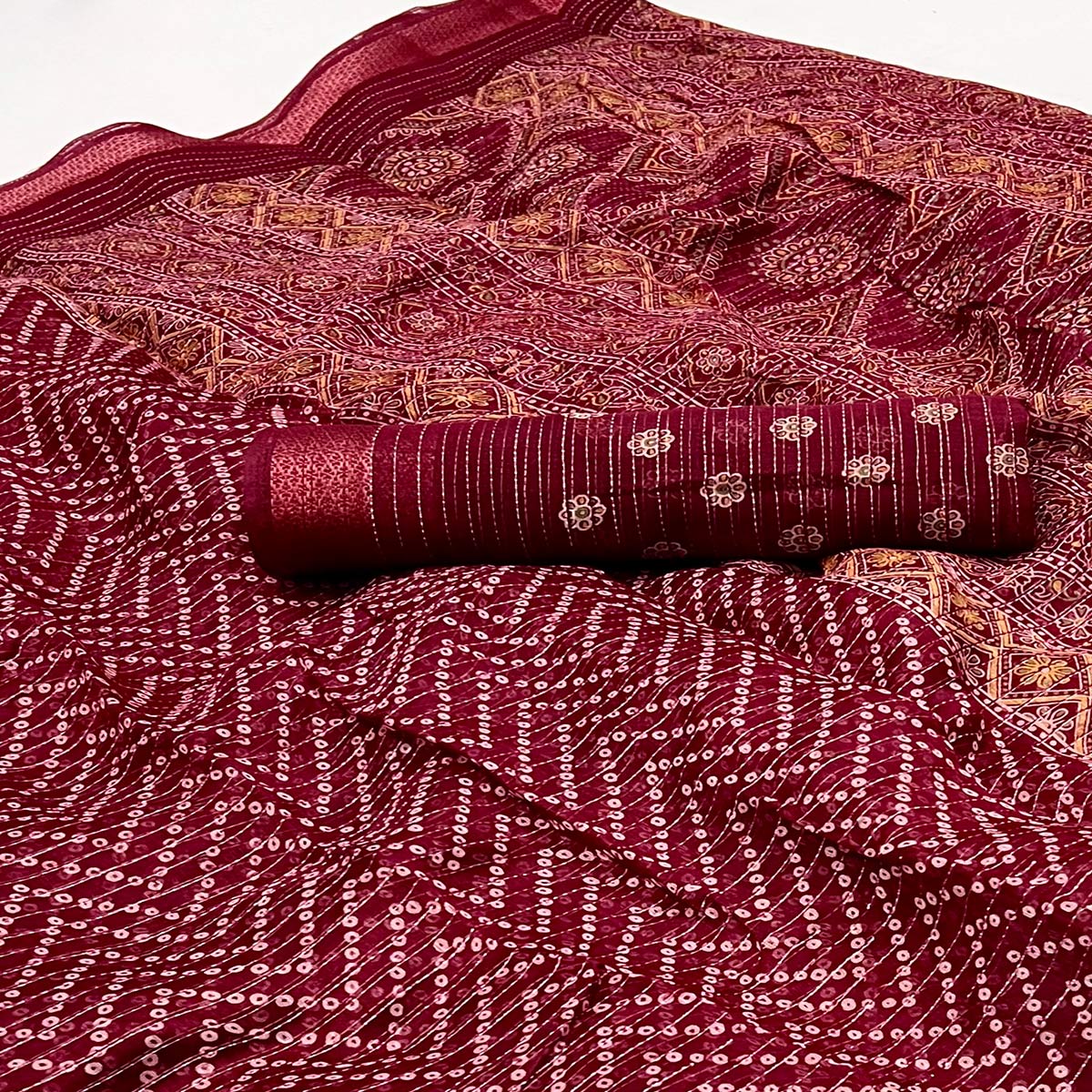 Maroon Bandhani Printed Linen Saree