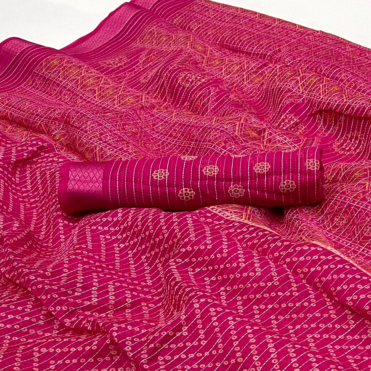 Rani Pink Bandhani Printed Linen Saree