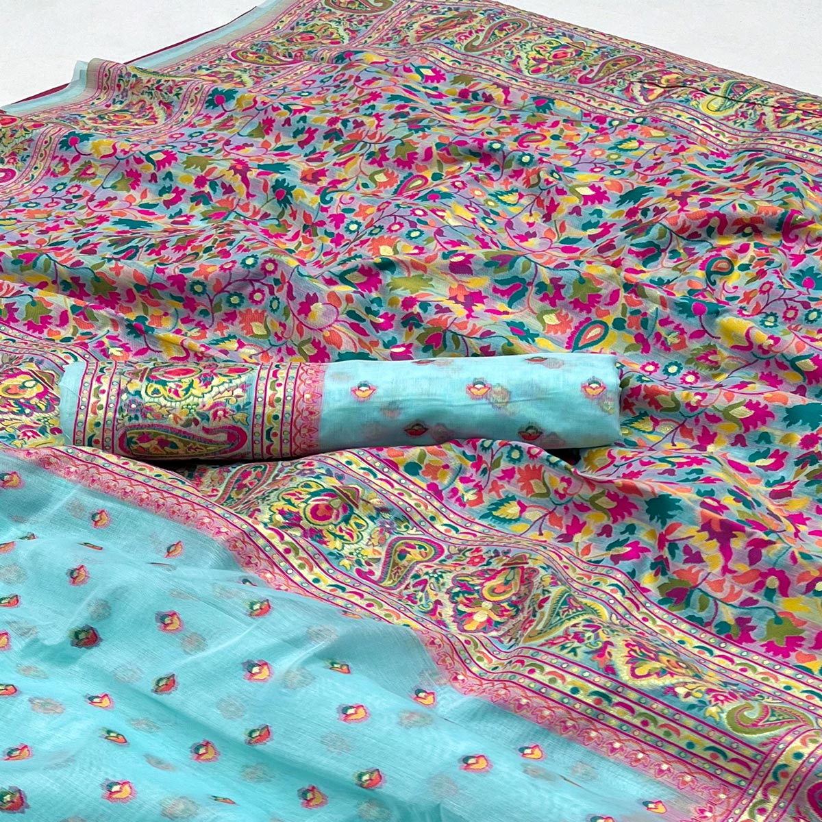 Sky Blue Floral Woven Pashmina Saree