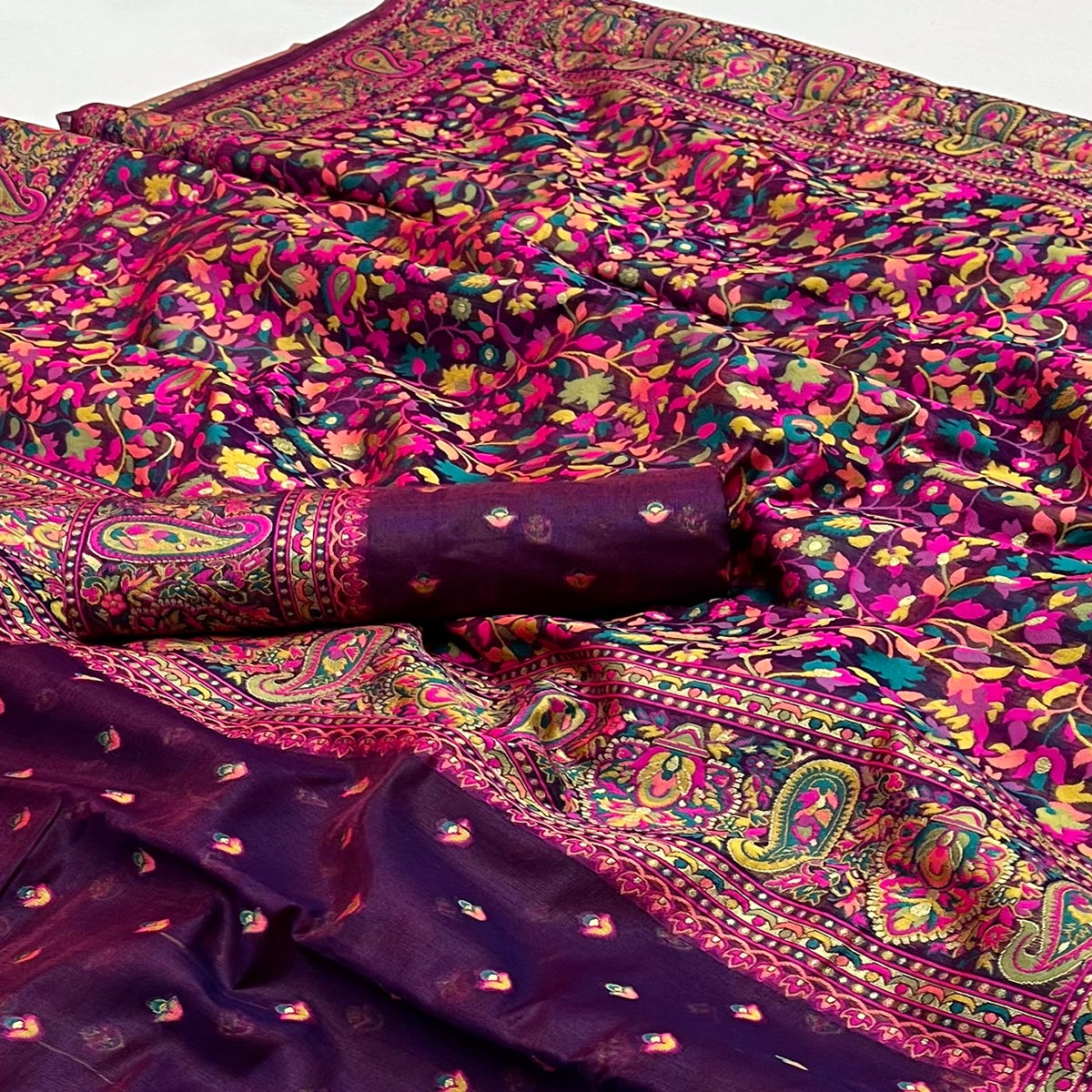 Purple Floral Woven Pashmina Saree