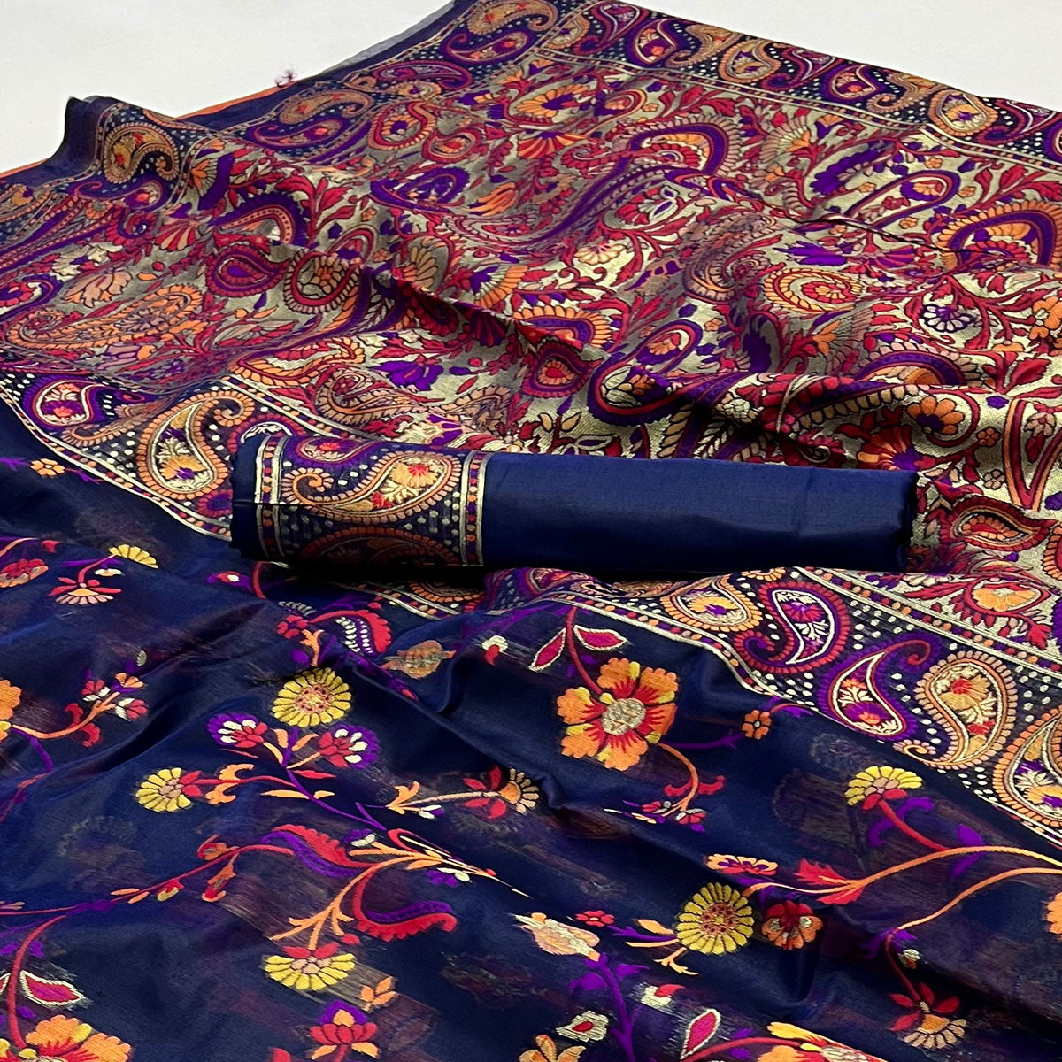 Navy Blue Floral Woven Pashmina Saree