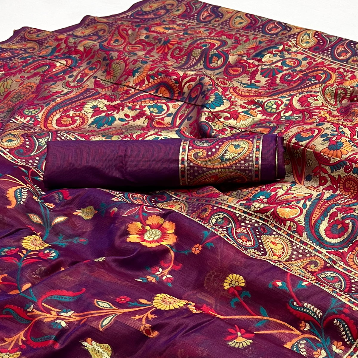 Purple Floral Woven Pashmina Saree