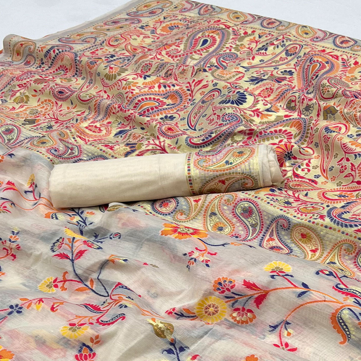 White Floral Woven Pashmina Saree