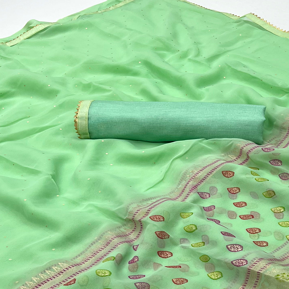 Green Foil Printed Georgette Saree