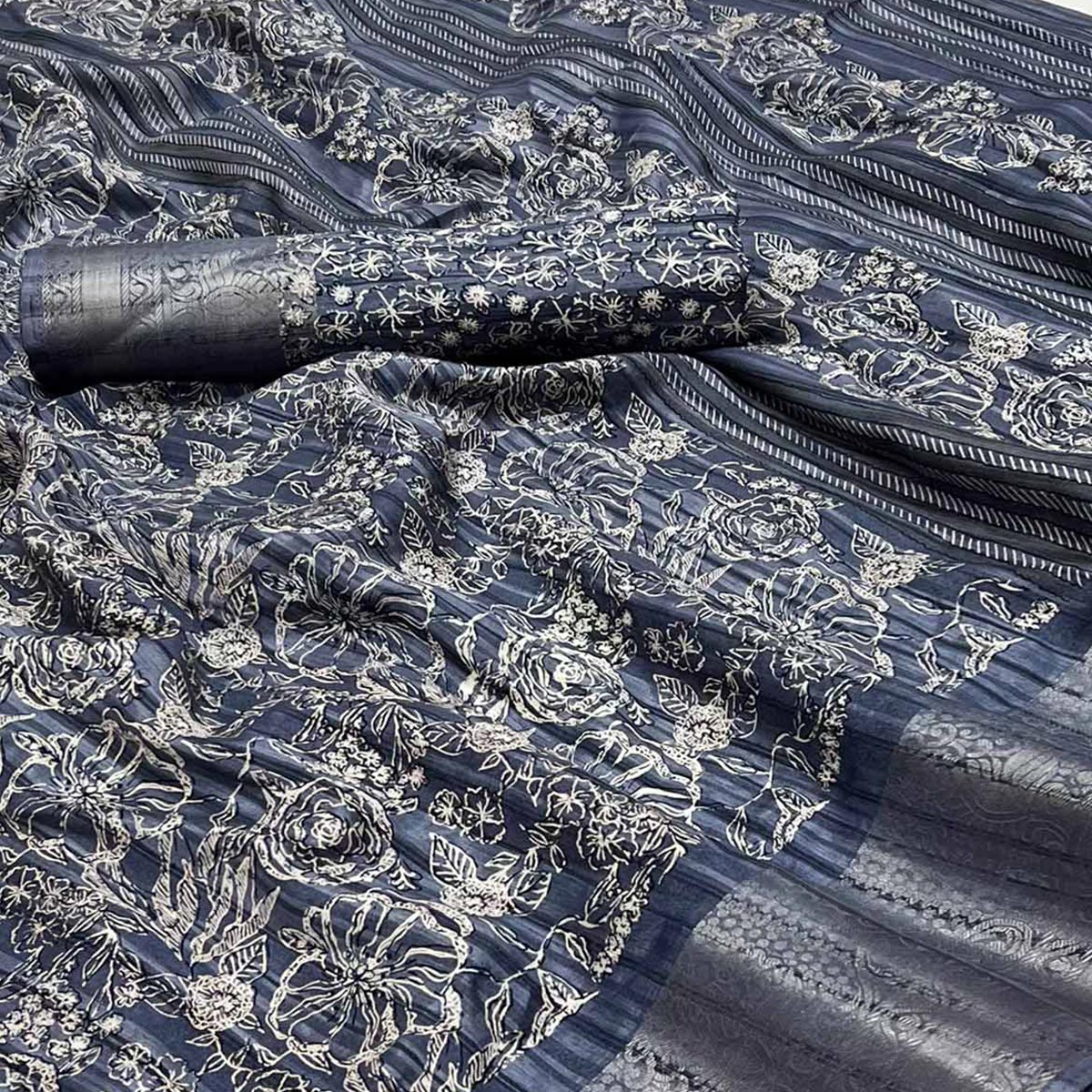 Blue Floral Printed Cotton Blend Saree