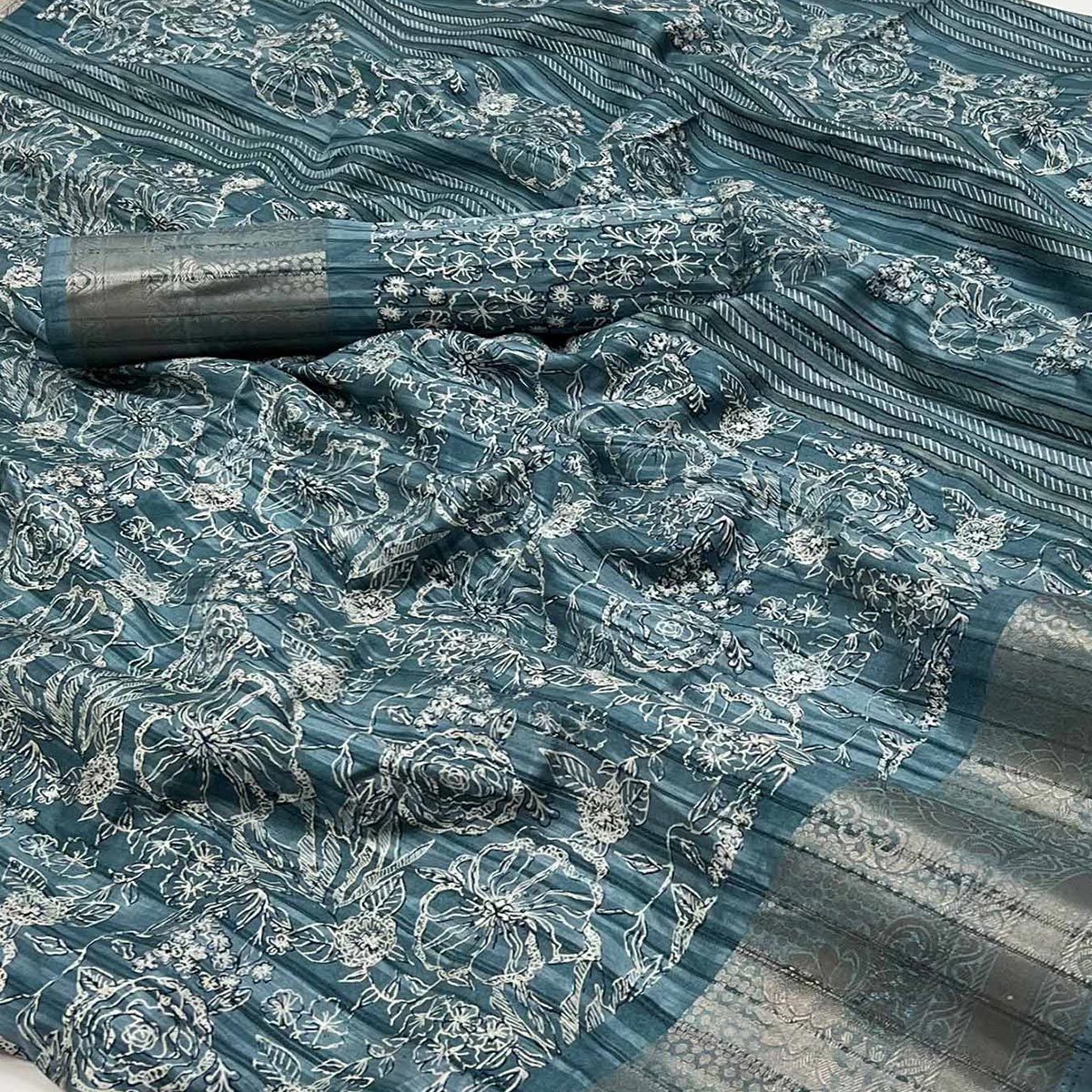 Teal Floral Printed Cotton Blend Saree