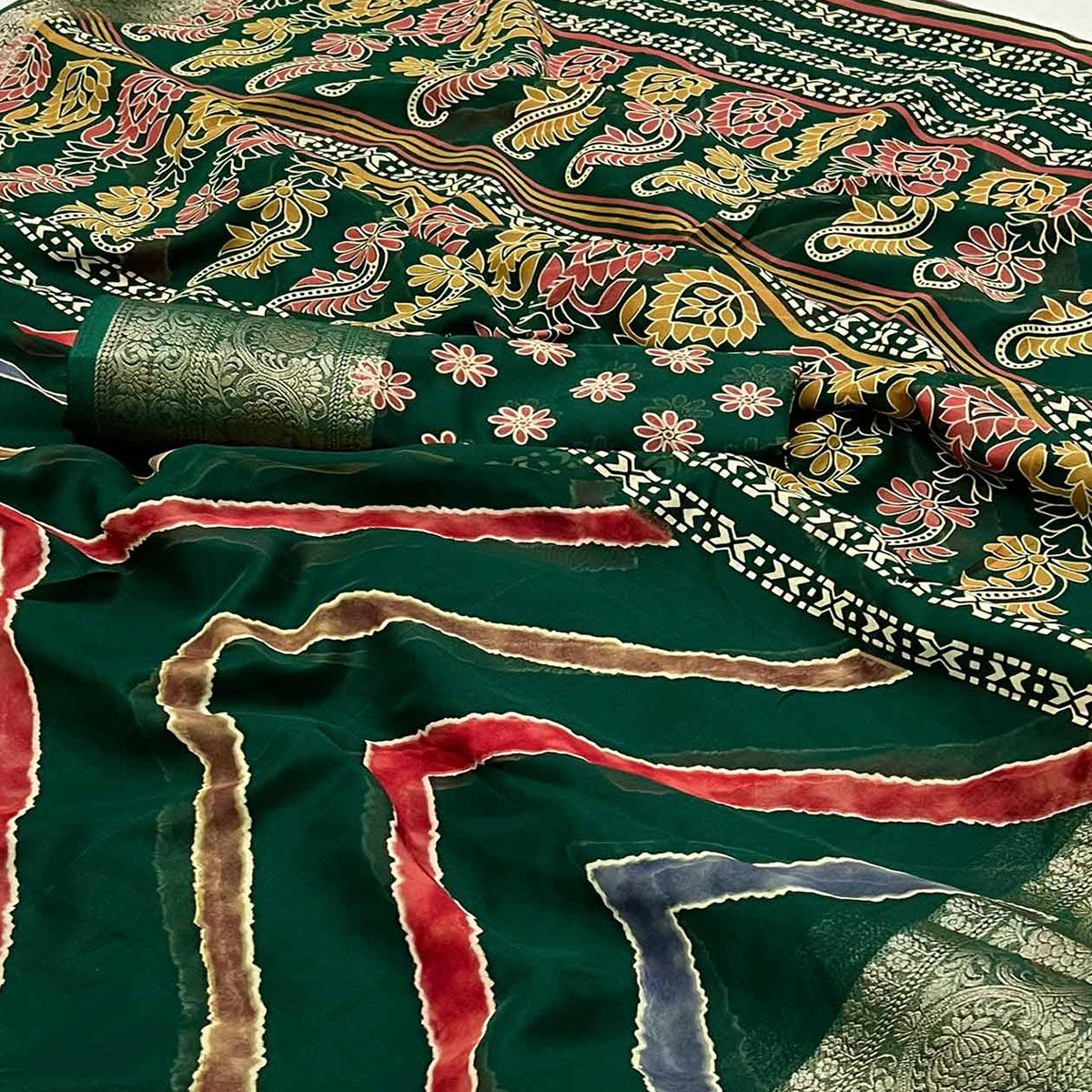 Green Printed Georgette Saree Woven Border