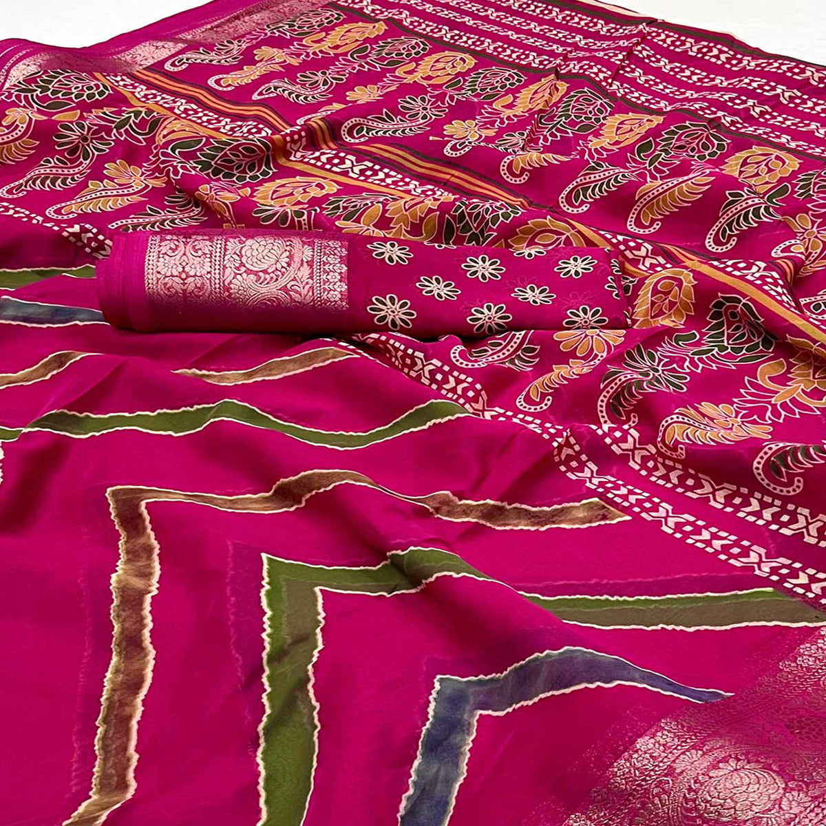 Rani Pink Printed Georgette Saree Woven Border