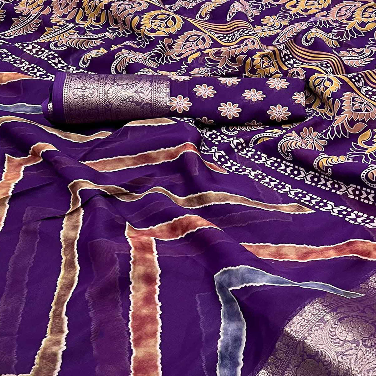 Purple Printed Georgette Saree Woven Border