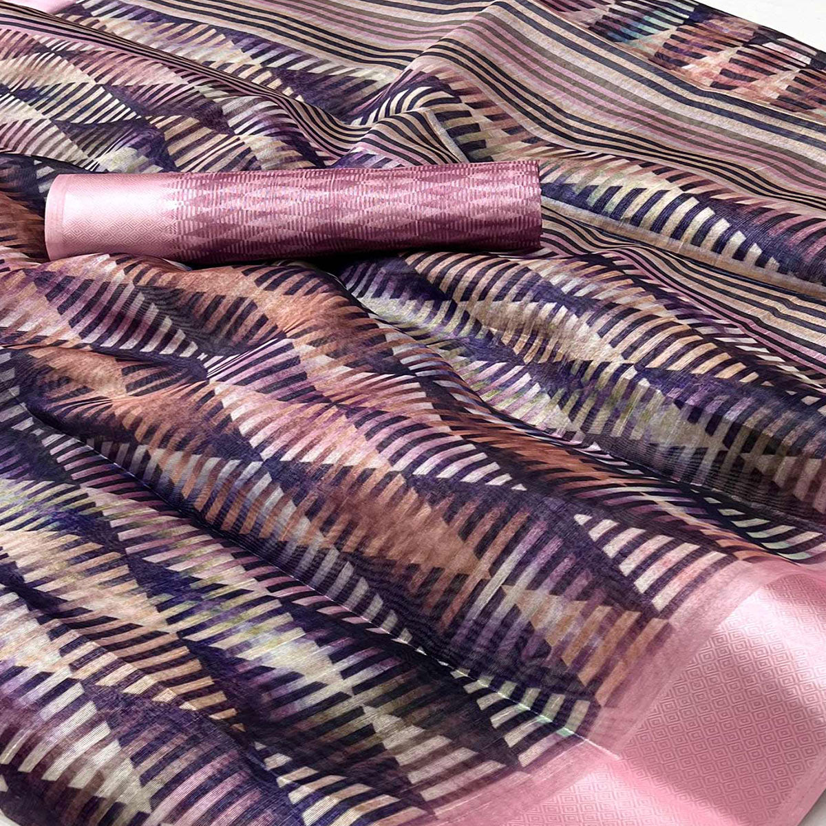 Blue Digital Printed Cotton Blend Saree With Fancy Border