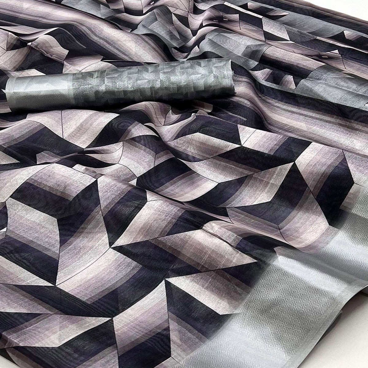 Black Digital Printed Cotton Blend Saree With Fancy Border