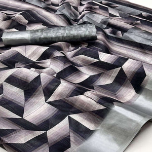 Black Digital Printed Cotton Blend Saree With Fancy Border