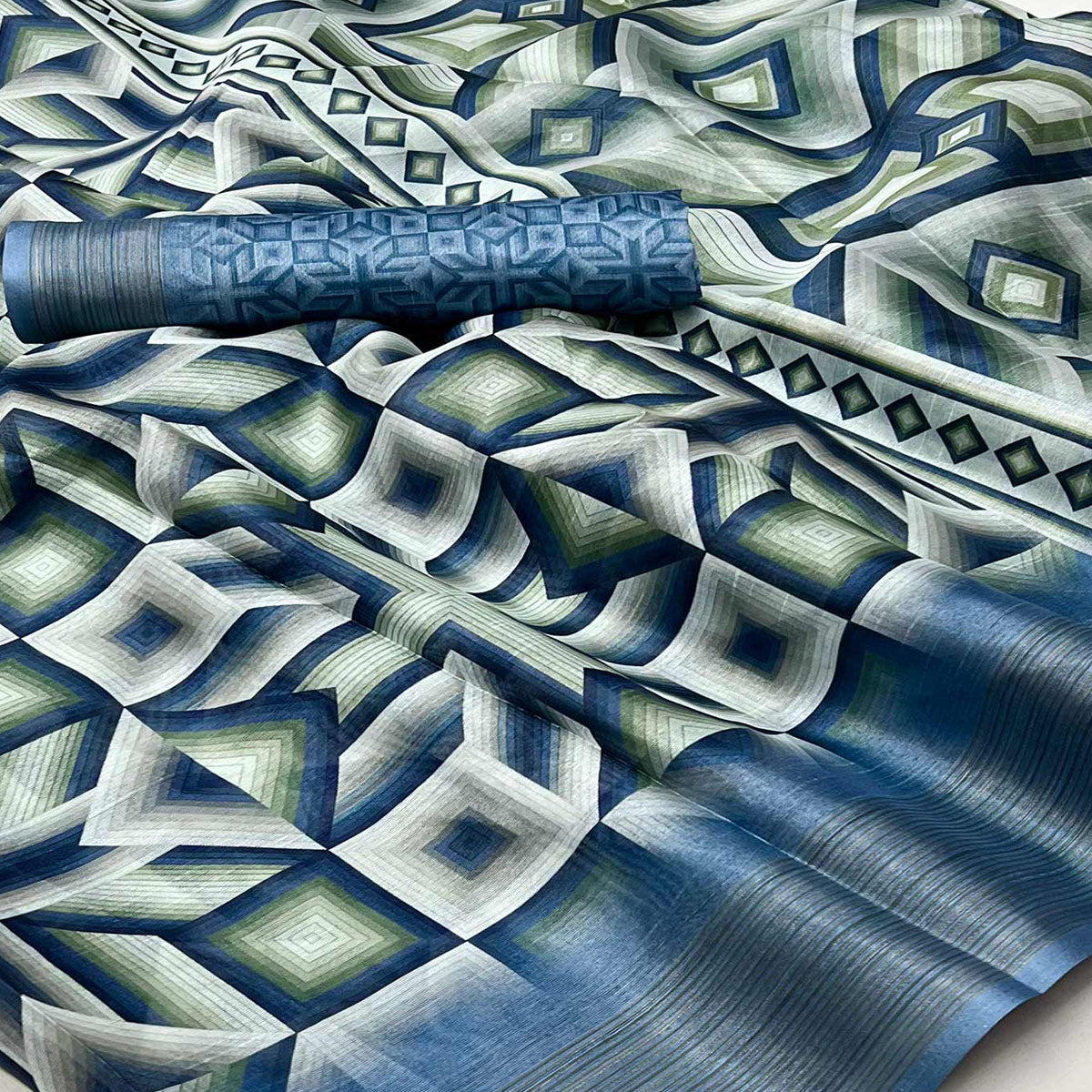 Blue Digital Printed Cotton Blend Saree With Fancy Border