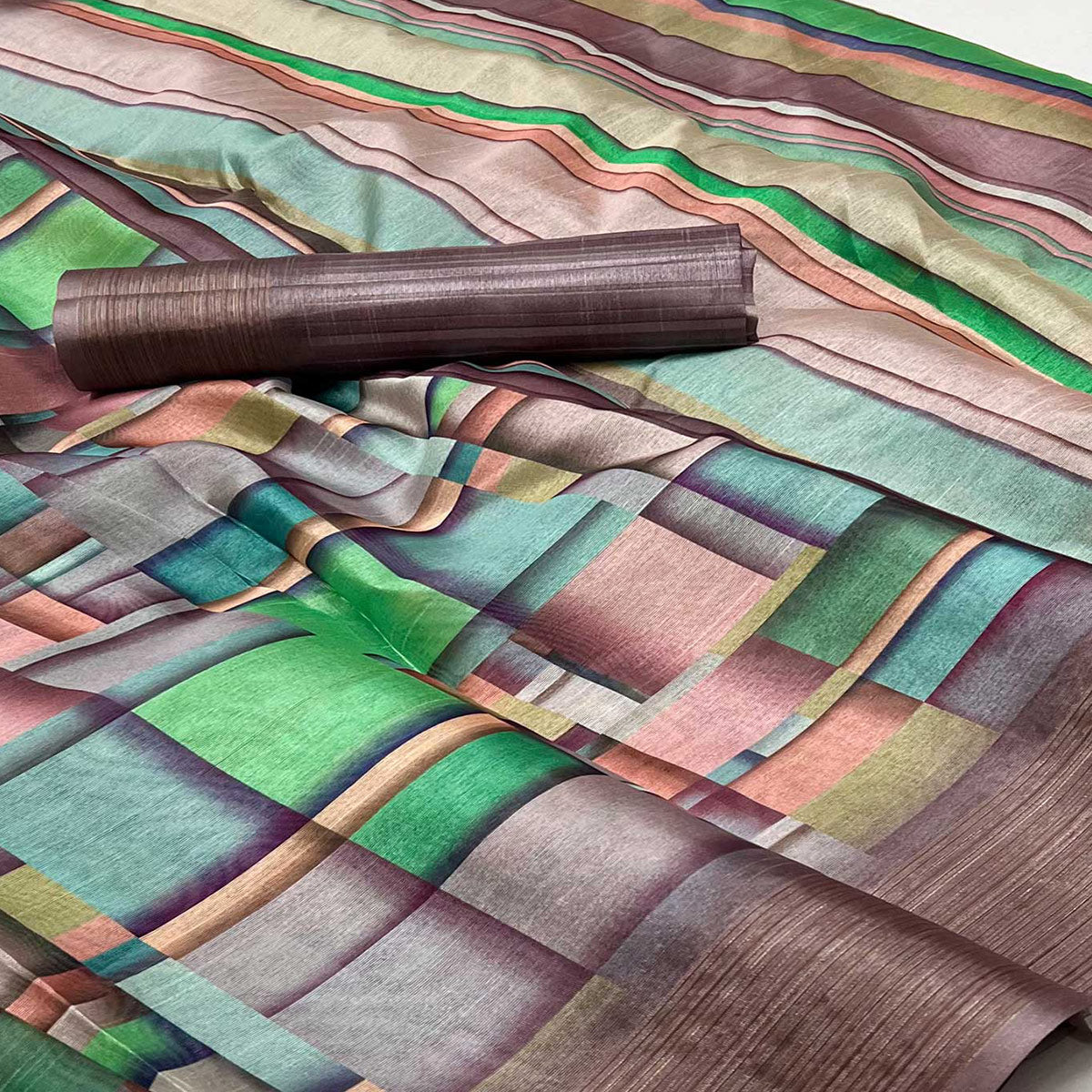 Brown Digital Printed Cotton Blend Saree With Fancy Border