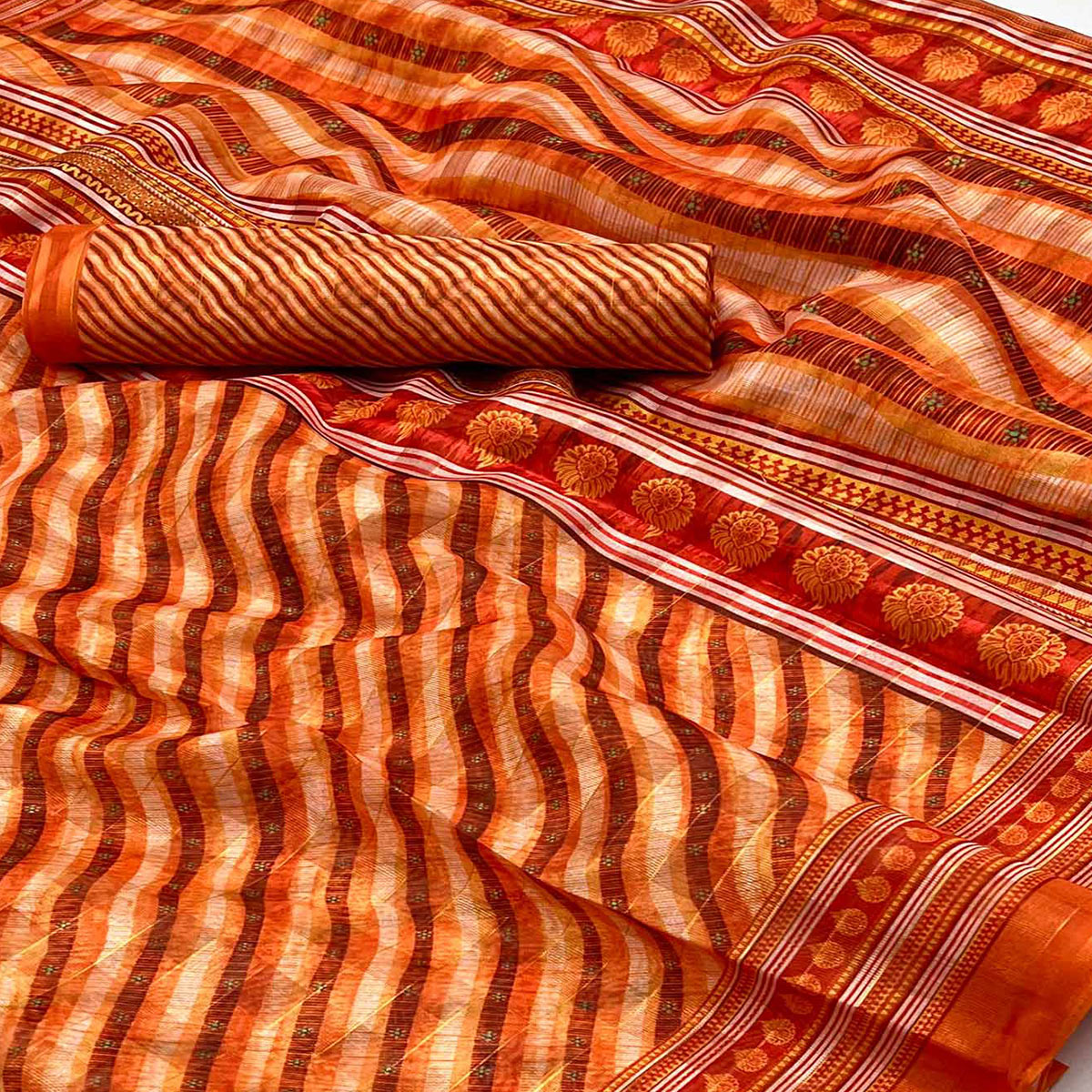 Orange Digital Printed Cotton Blend Saree With Fancy Border