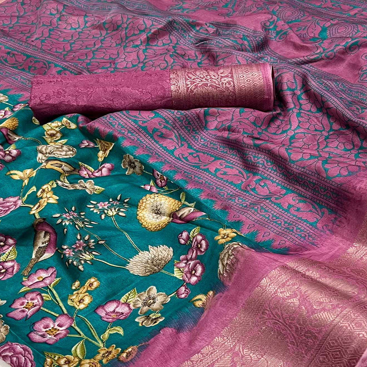 Rama Blue Floral Printed Dola Silk Saree