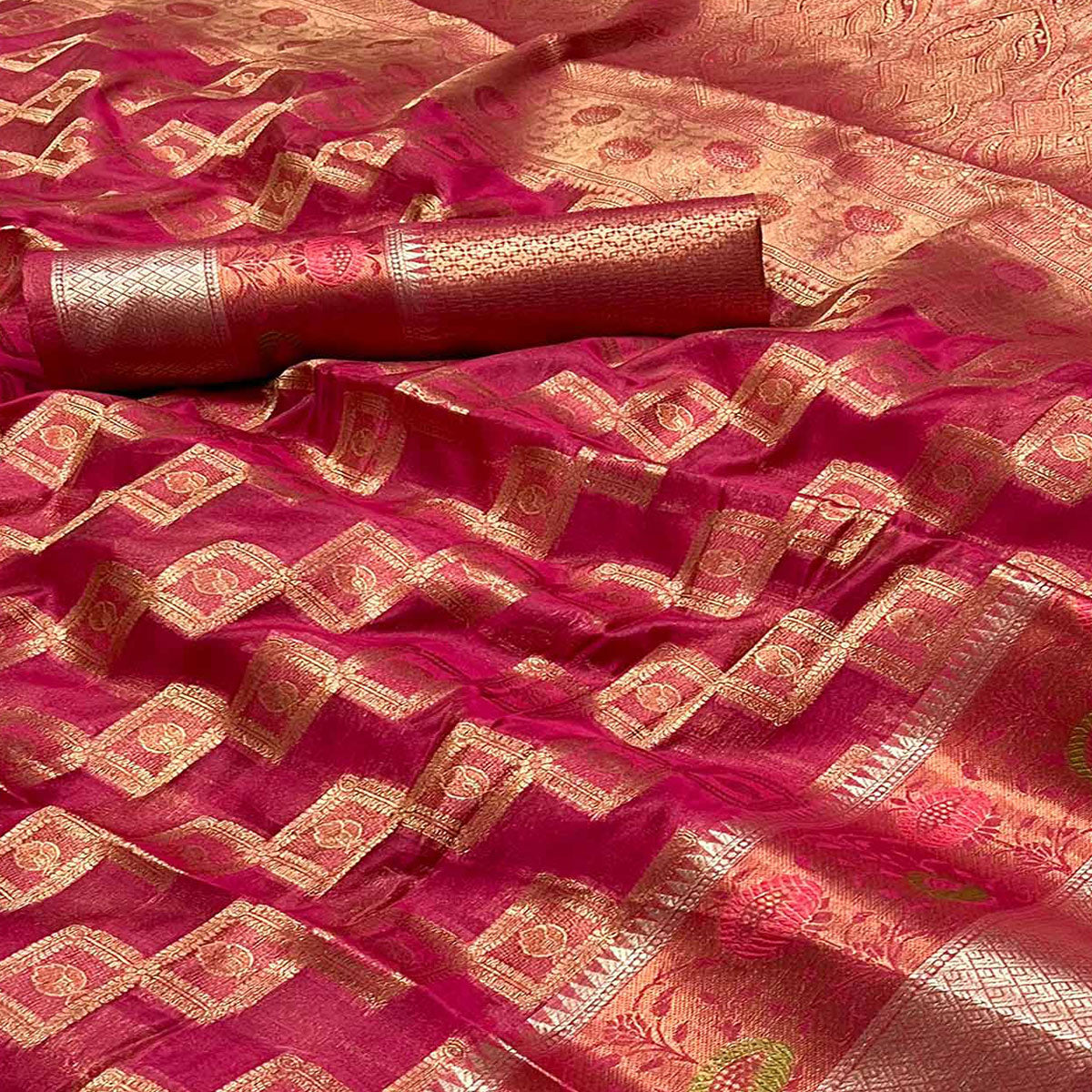 Rani Pink Floral Woven Organza Saree