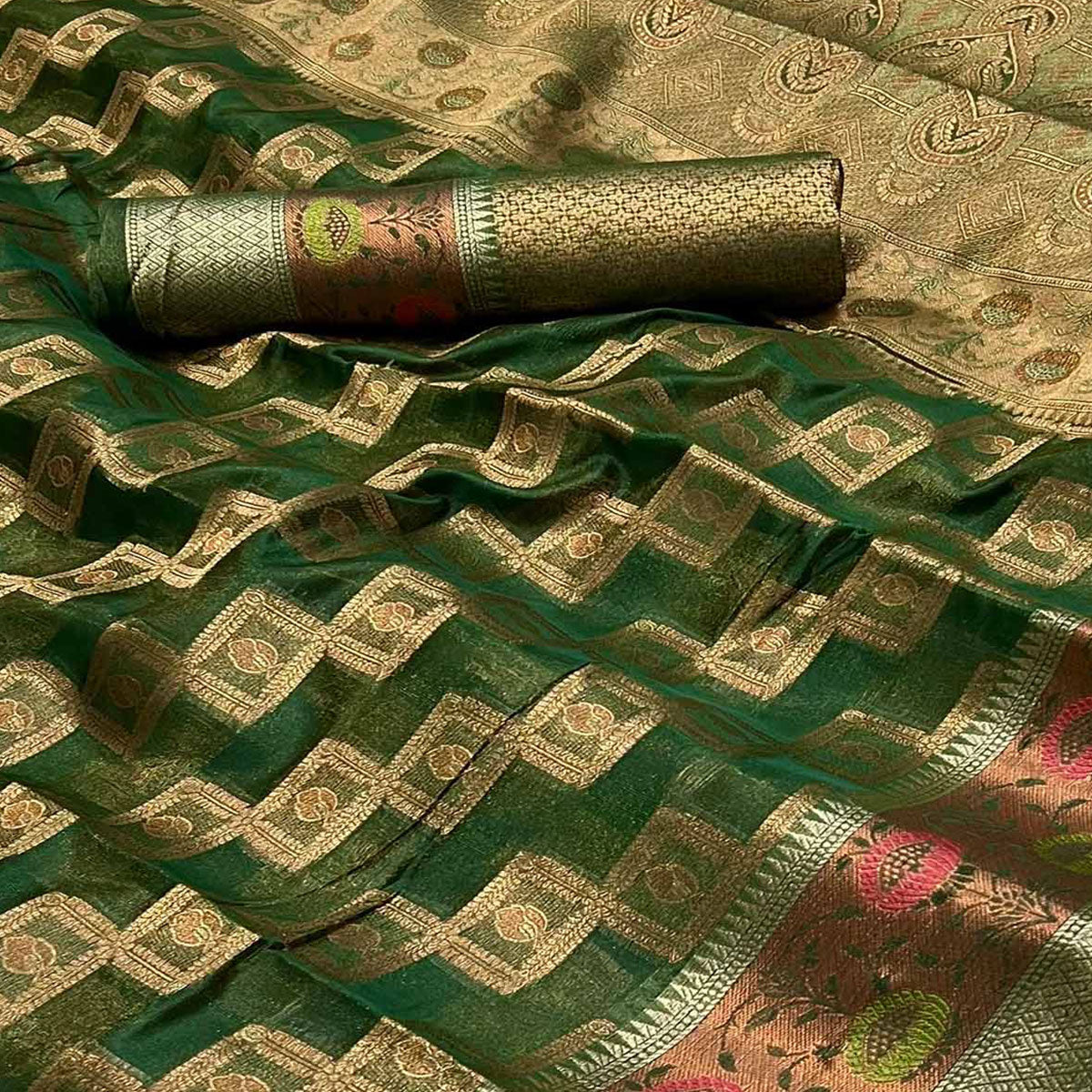 Dark Green Floral Woven Organza Saree