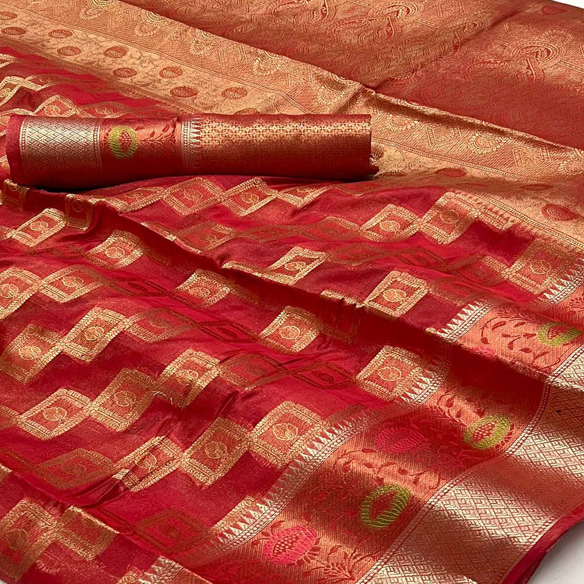 Red Floral Woven Organza Saree