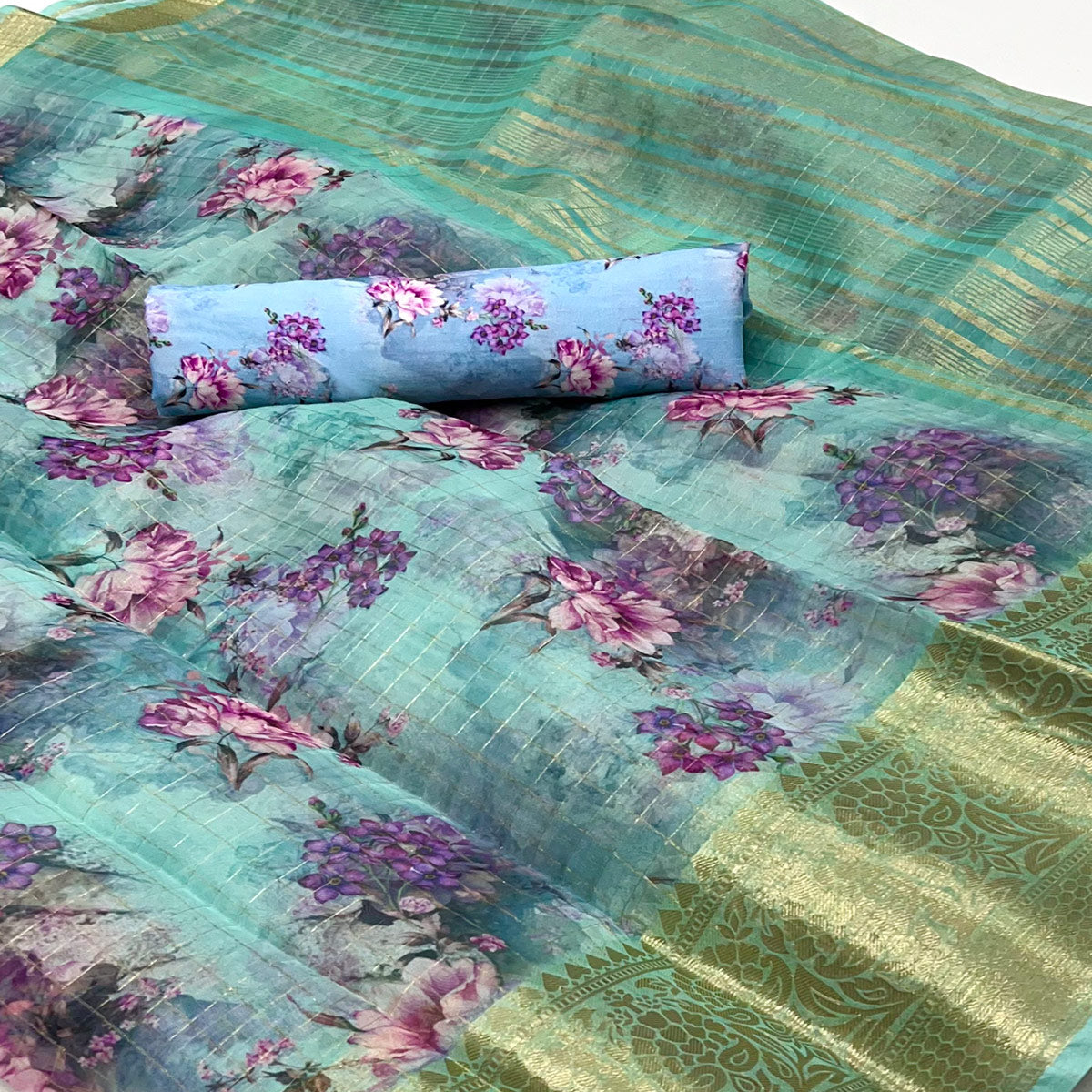 Turquoise Floral Digital Printed With Woven Border Organza Saree