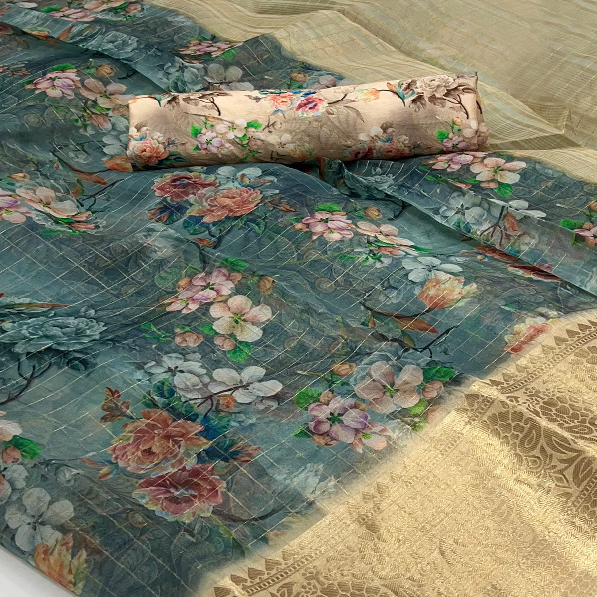 Grey & Beige Floral Digital Printed With Woven Border Organza Saree