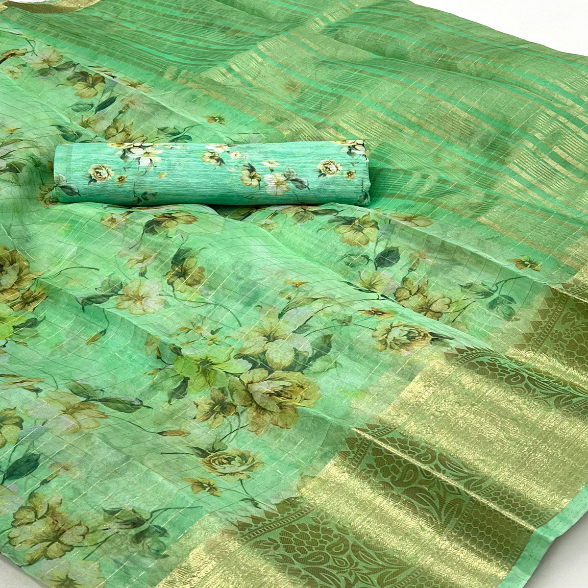 Green Floral Digital Printed With Woven Border Organza Saree