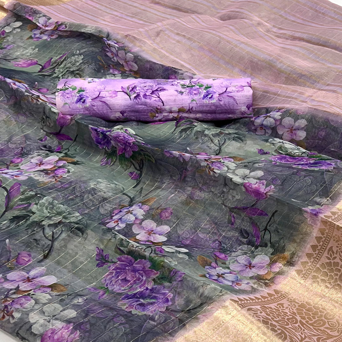 Grey & Purple Floral Digital Printed With Woven Border Organza Saree