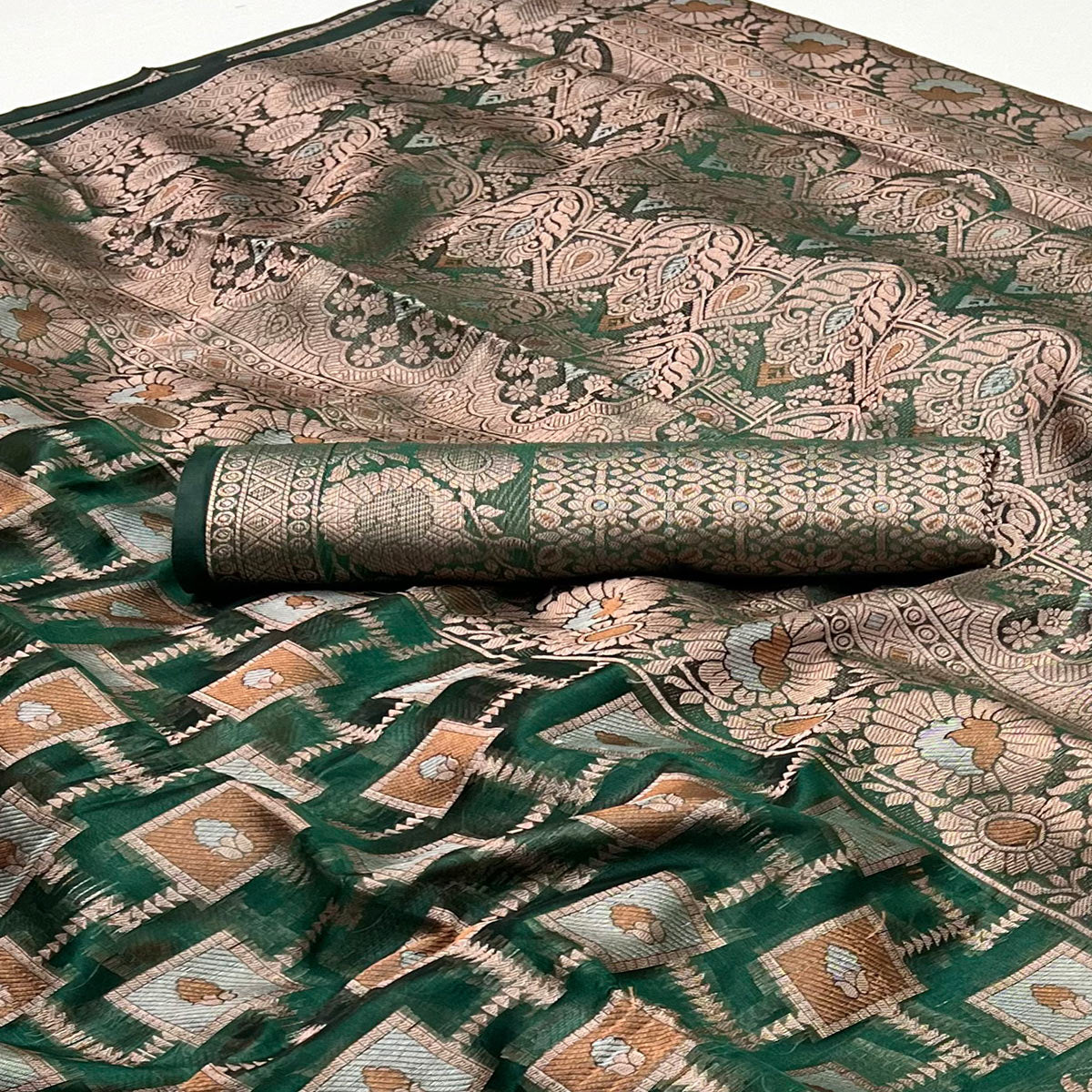 Green Floral Woven Organza Saree