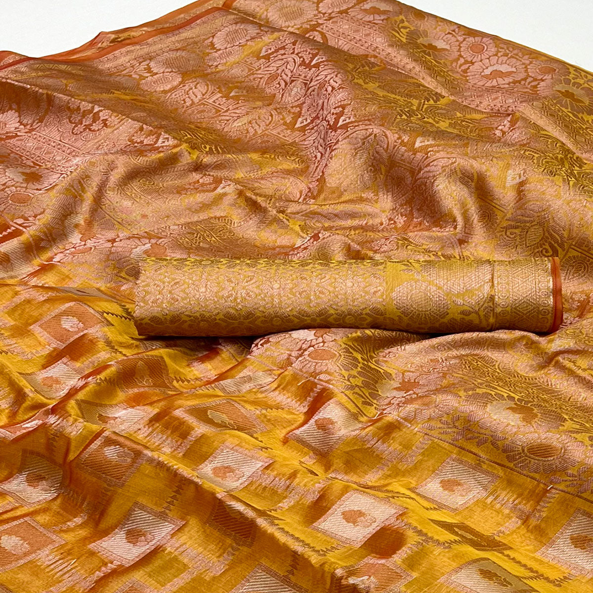 Mustard Floral Woven Organza Saree