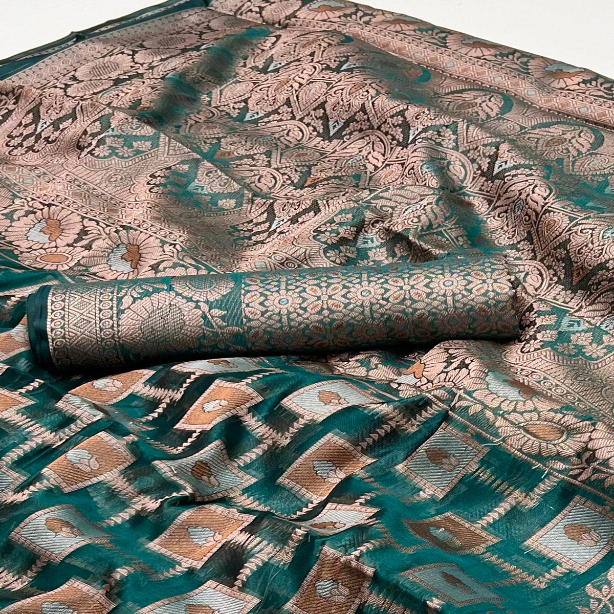 Teal Green Floral Woven Organza Saree