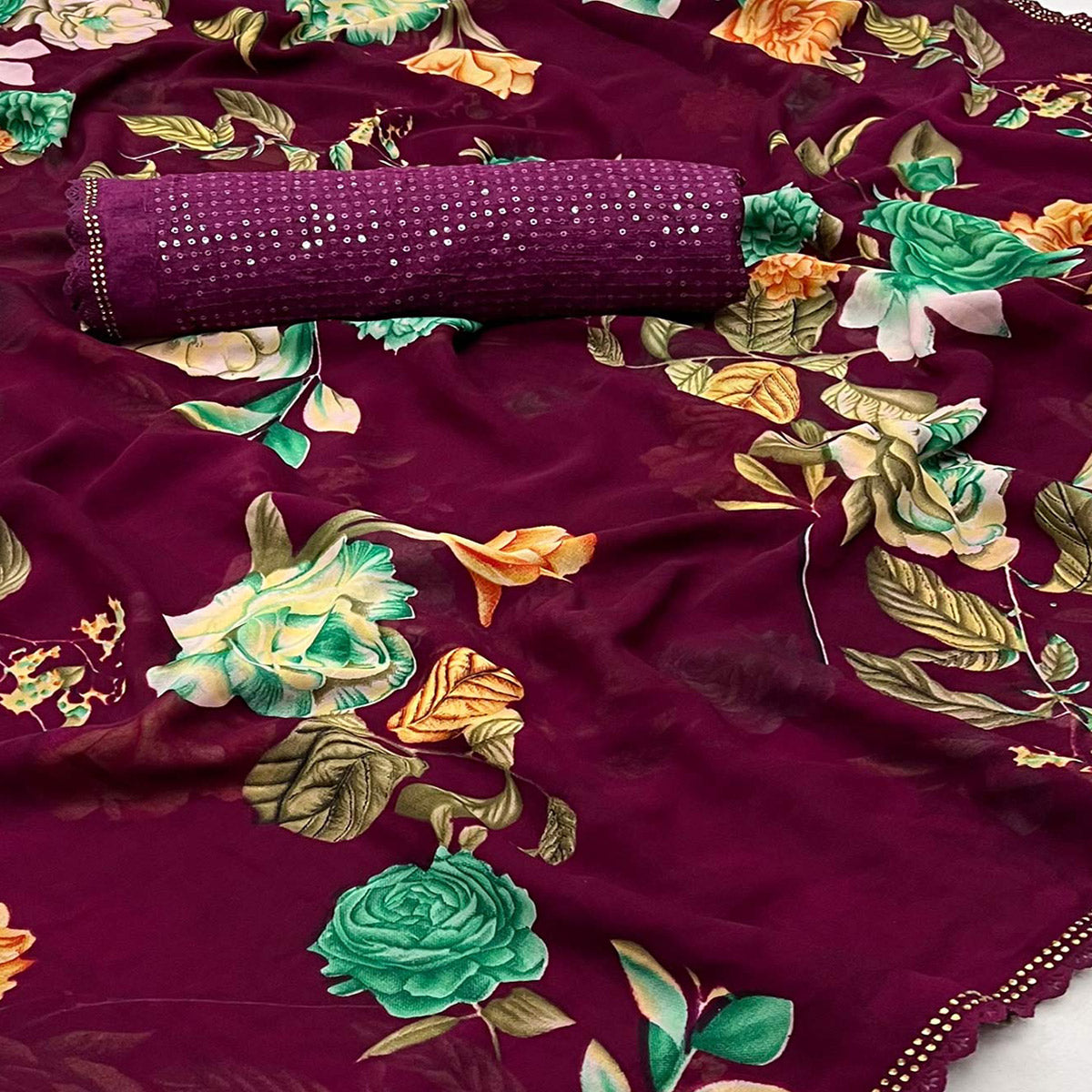 Wine Floral Printed Georgette Saree