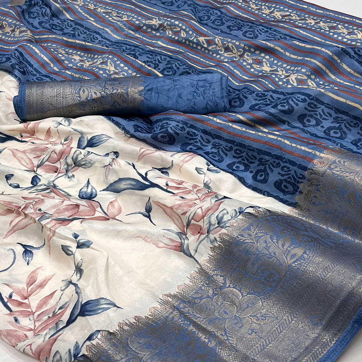 White & Blue Floral Printed Dola Silk Saree With Woven Border