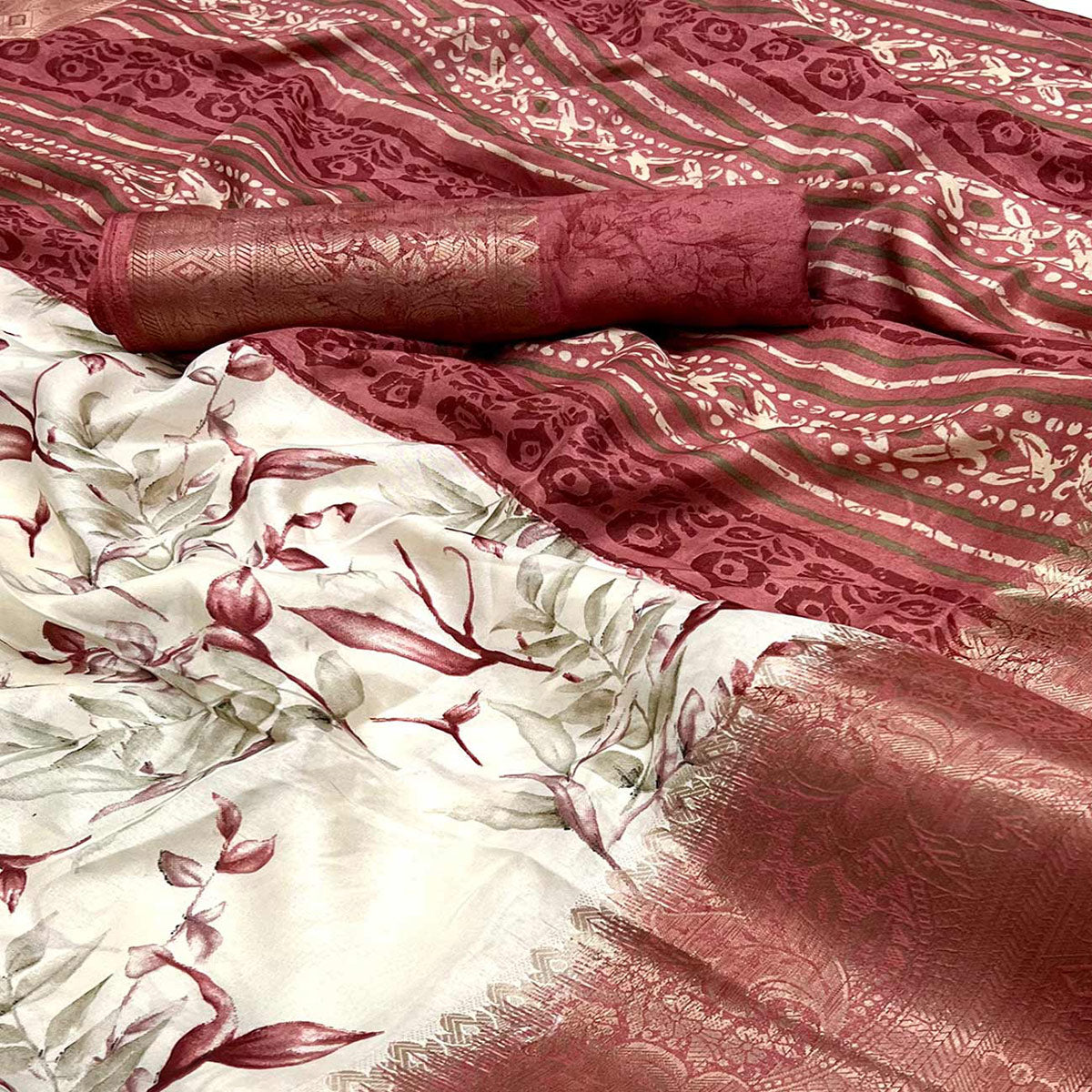 White & Rust Floral Printed Dola Silk Saree With Woven Border