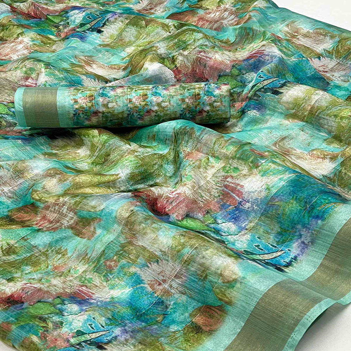 Turquoise Digital Printed Cotton Blend Saree With Jacquard Border