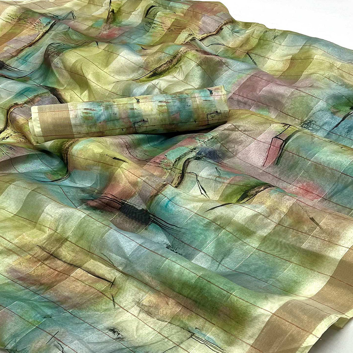 Green Digital Printed Cotton Blend Saree With Jacquard Border