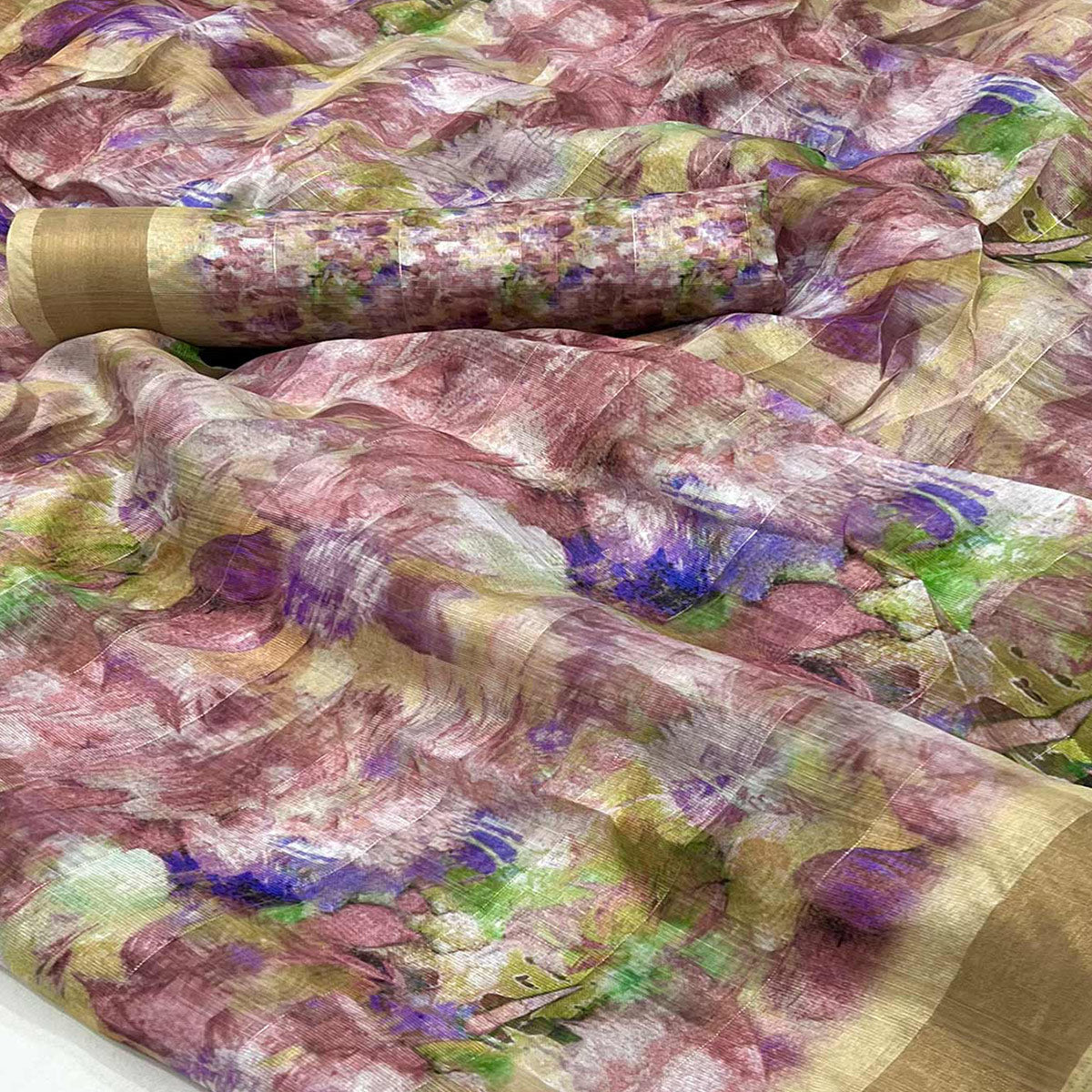 Brown Digital Printed Cotton Blend Saree With Jacquard Border