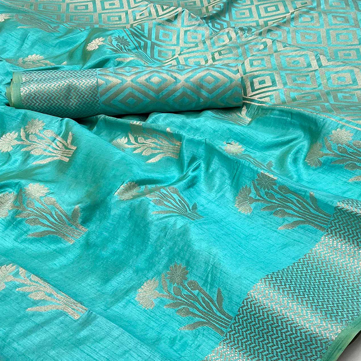 Blue Floral Woven Raw Silk Saree