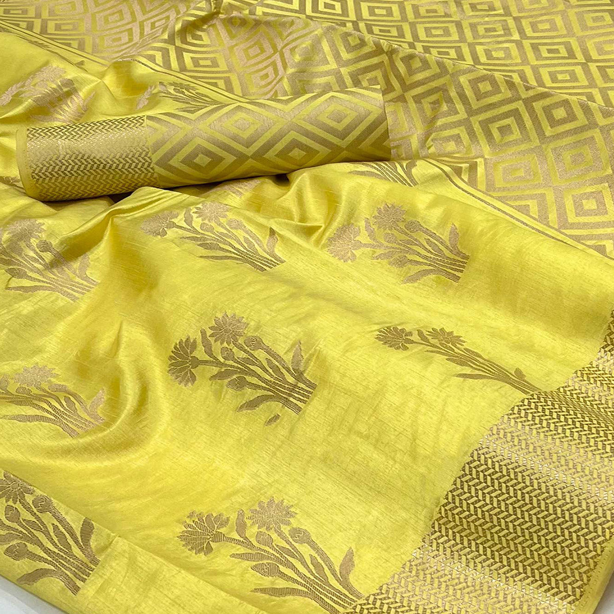 Yellow Floral Woven Raw Silk Saree