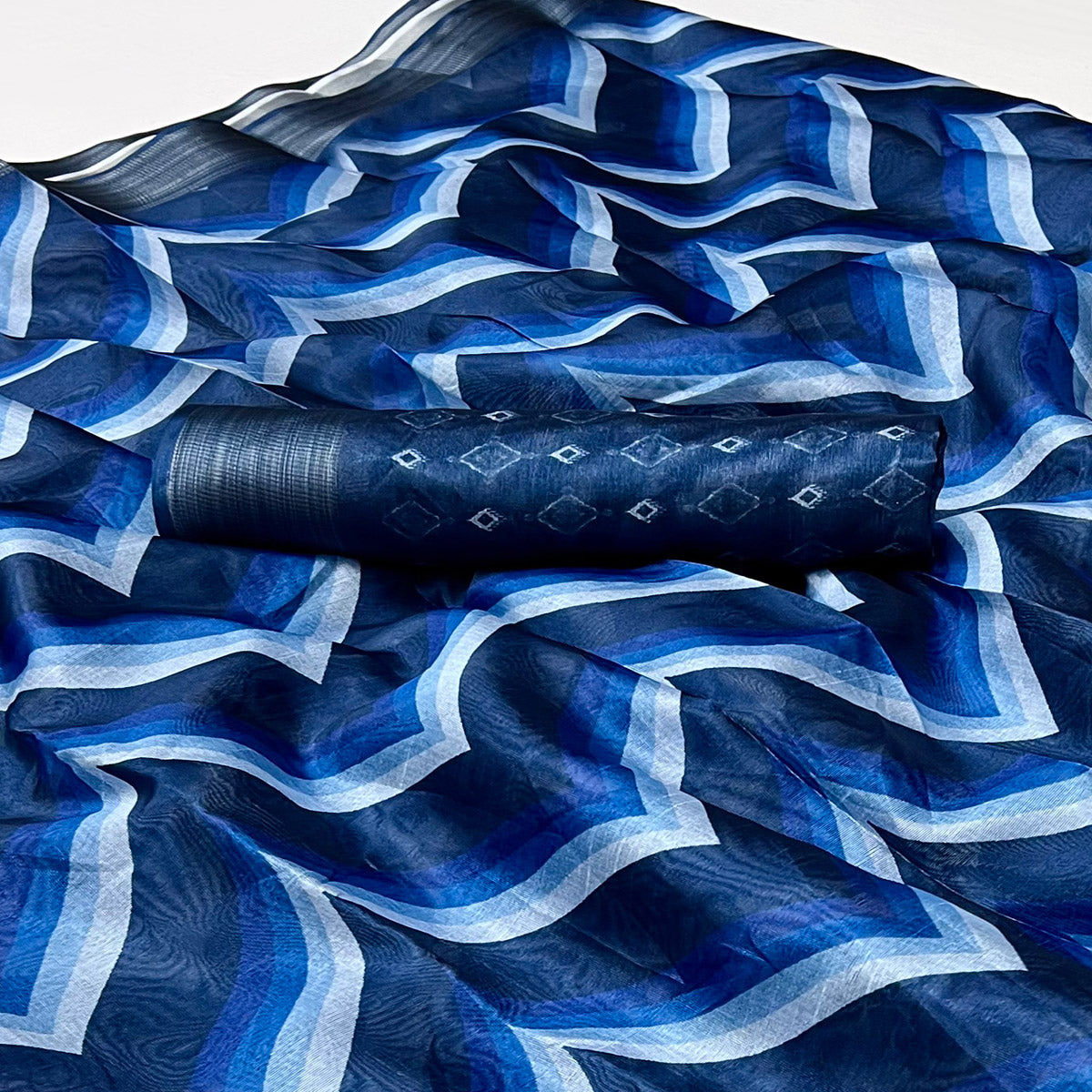 Blue Digital Printed Cotton Blend Saree With Zari Border