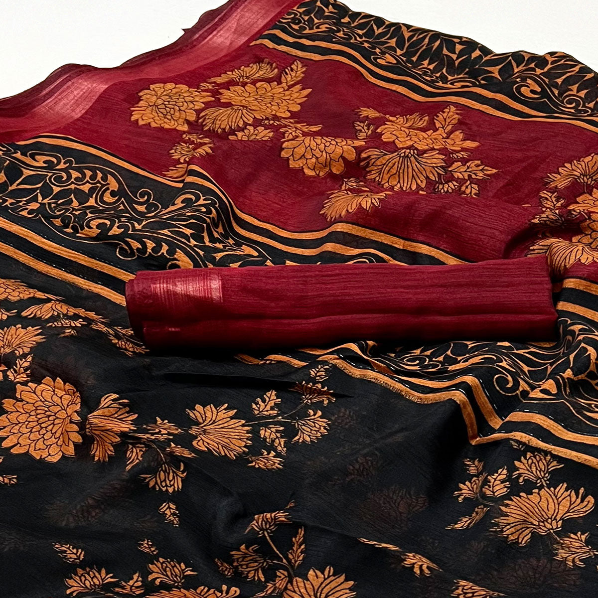Black & Red Floral Printed Dola Silk Saree With Woven Border