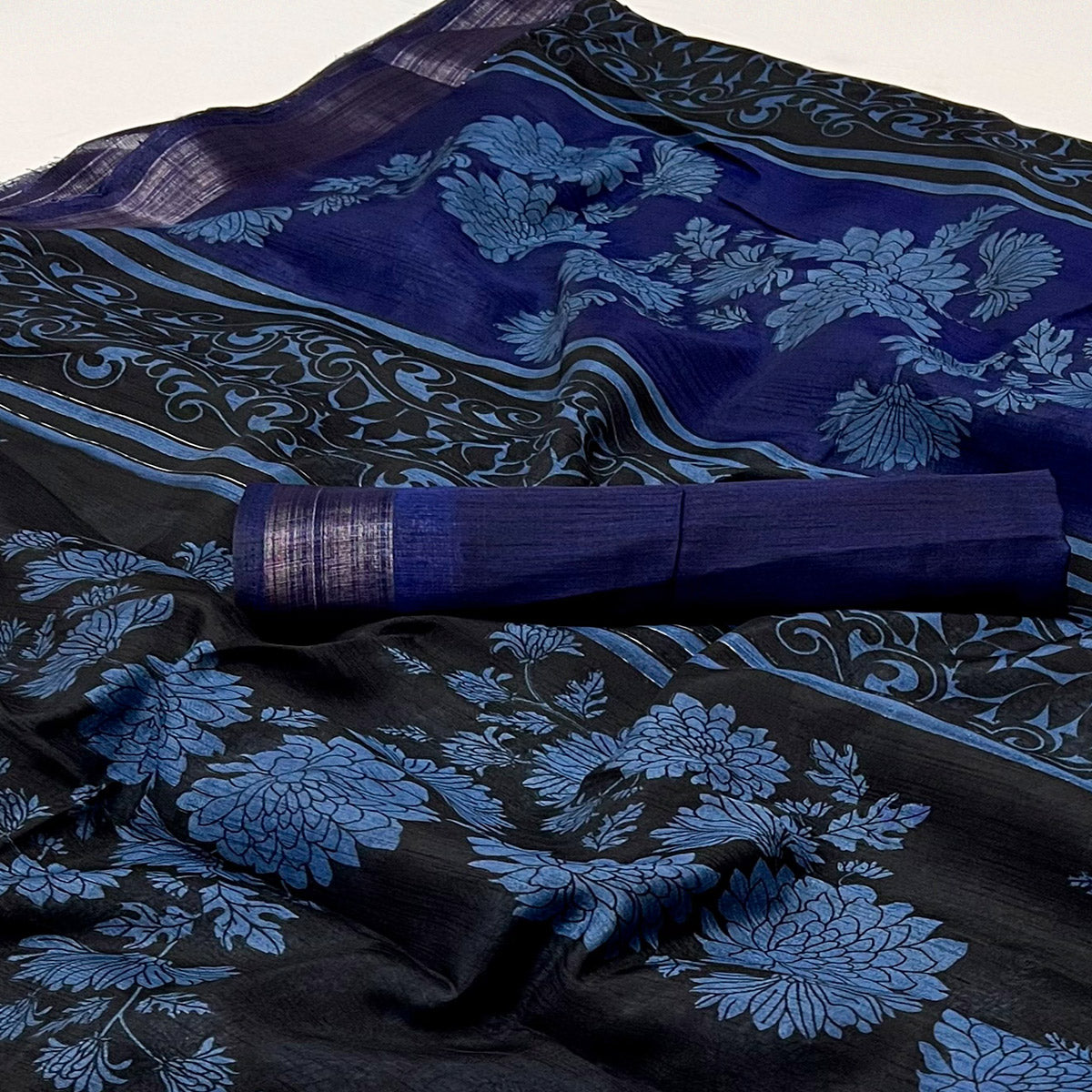 Black & Blue Floral Printed Dola Silk Saree With Woven Border