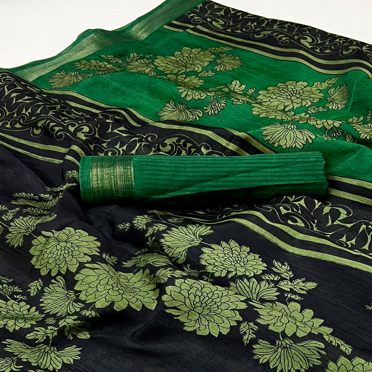 Black & Green Floral Printed Dola Silk Saree With Woven Border