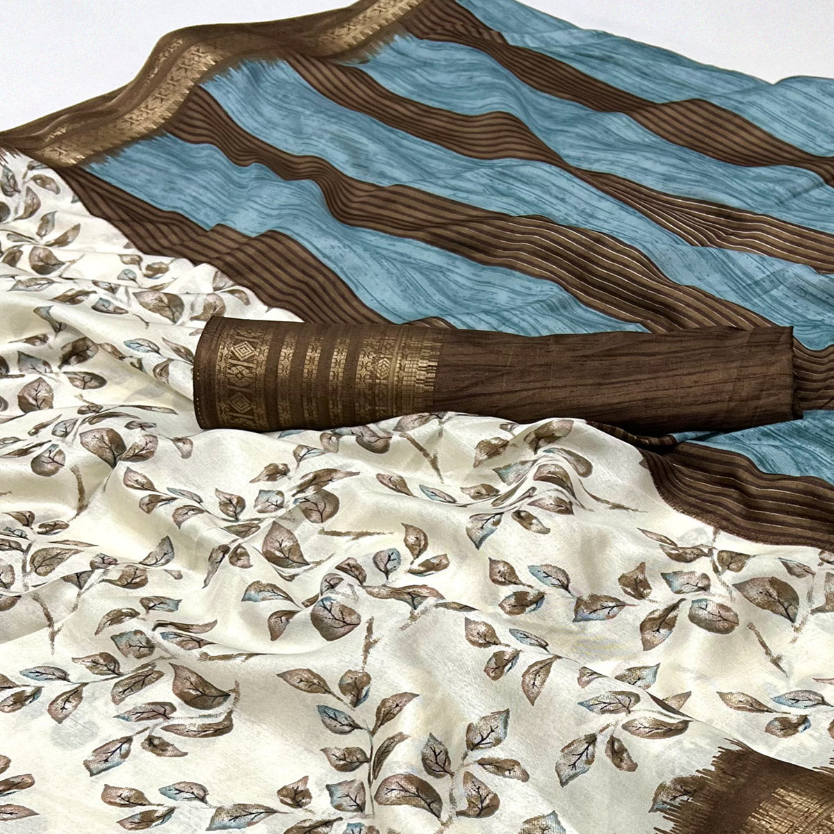 White & Brown Floral Printed Dola Silk Saree With Woven Border