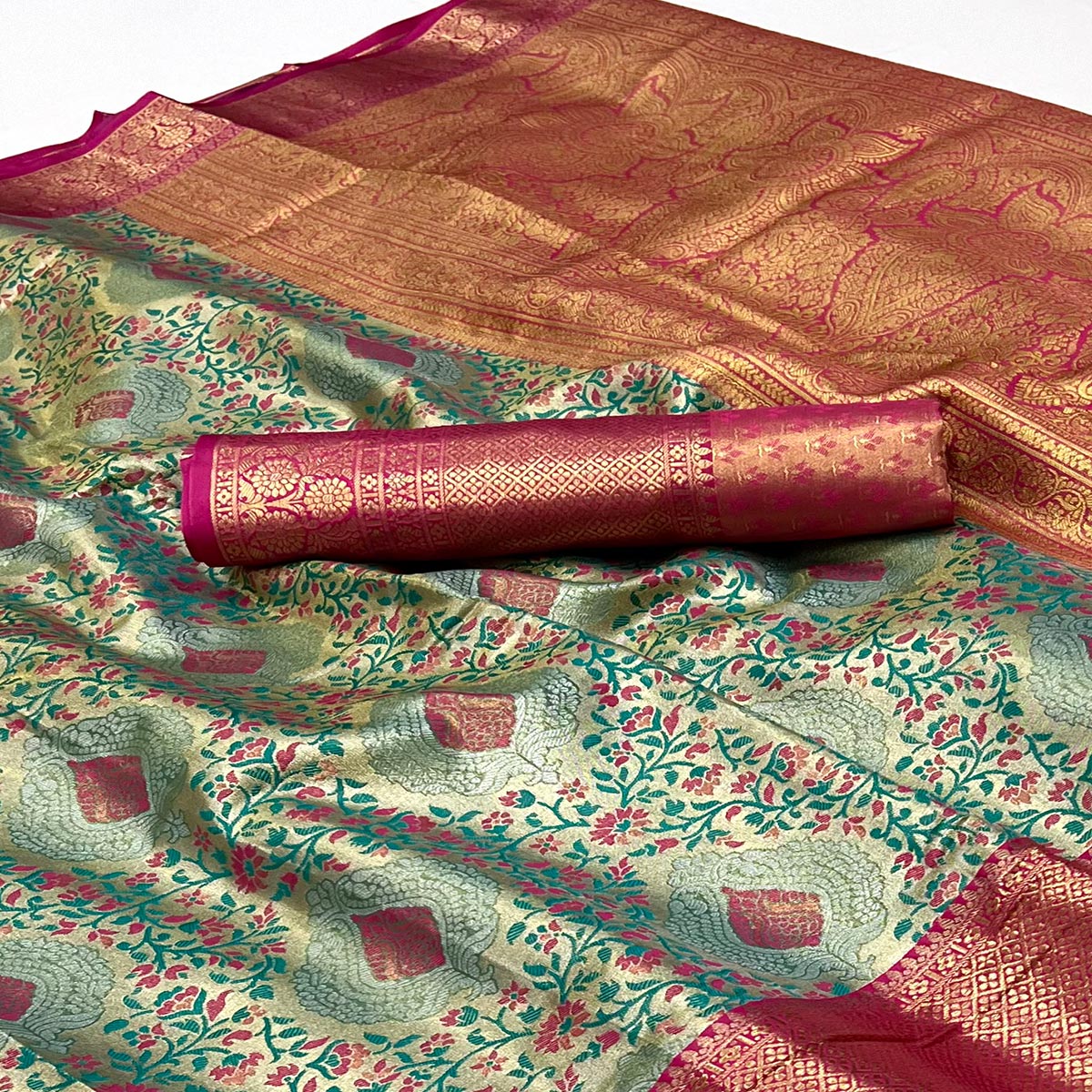 Rama Green & Pink Floral Woven Kanjivaram Silk Saree