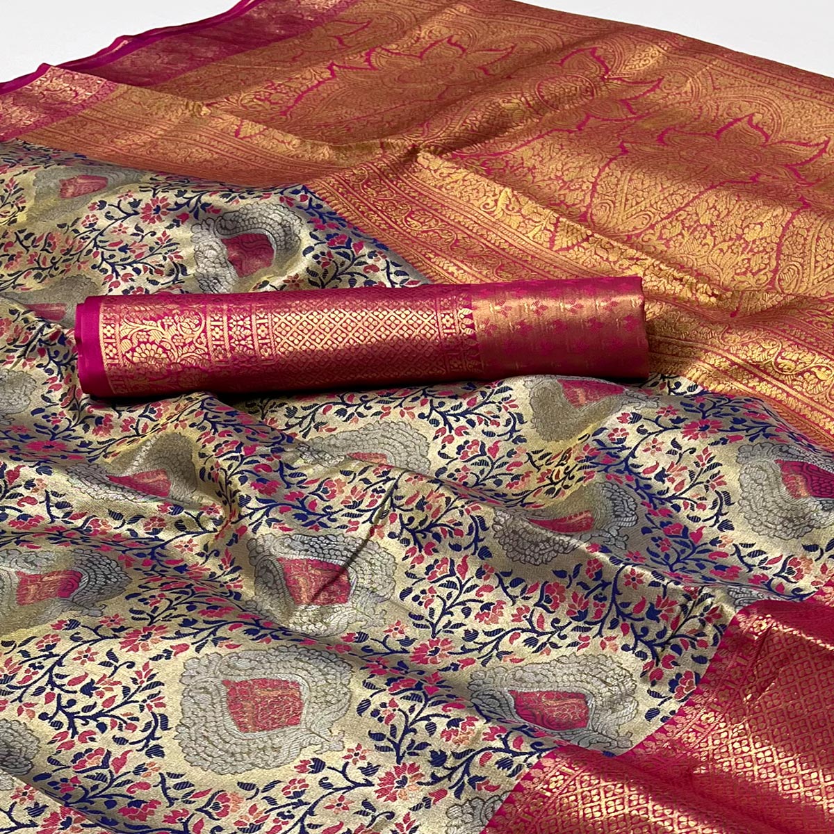 Navy Blue & Pink Floral Woven Kanjivaram Silk Saree