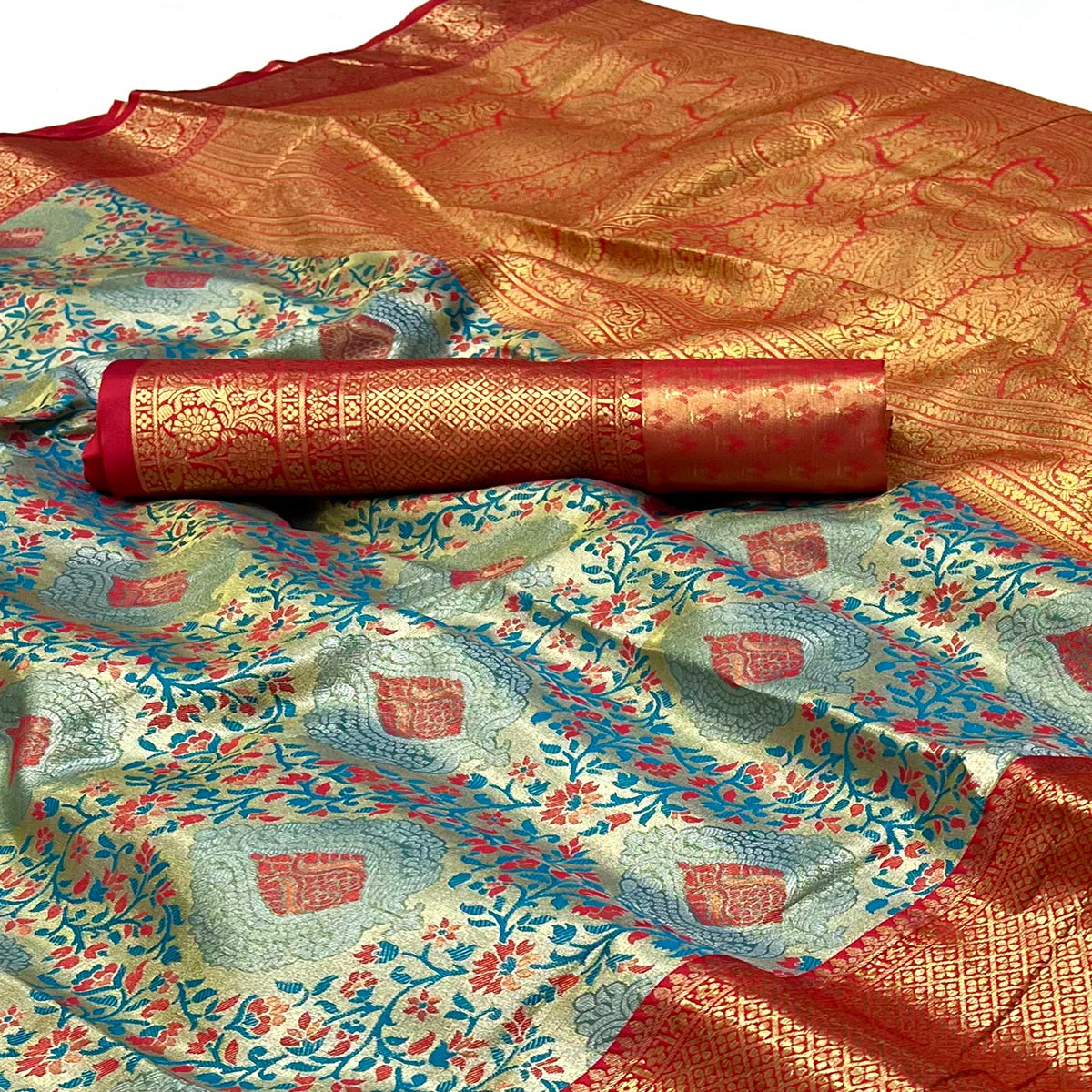 Blue & Red Floral Woven Kanjivaram Silk Saree