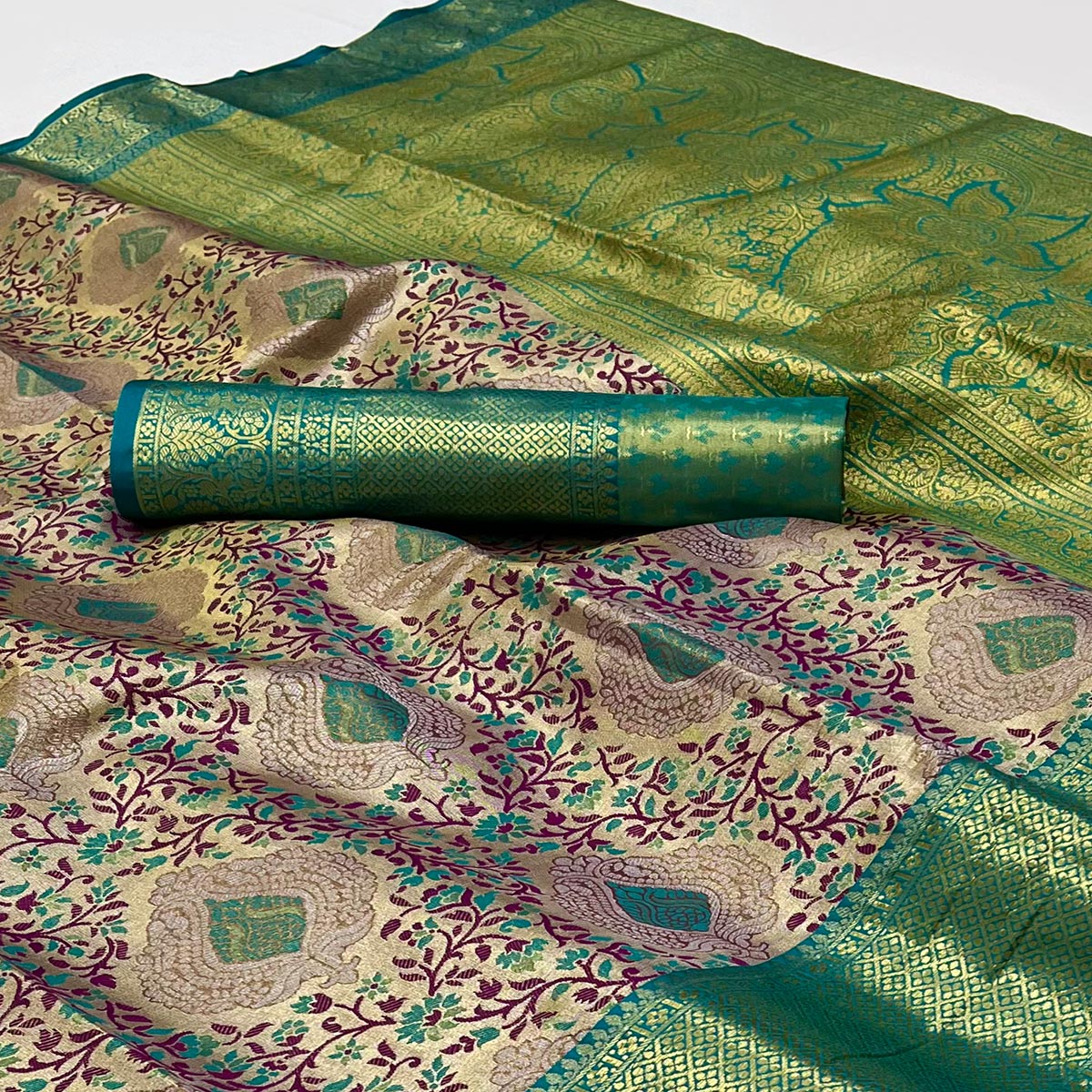 Wine & Green Floral Woven Kanjivaram Silk Saree