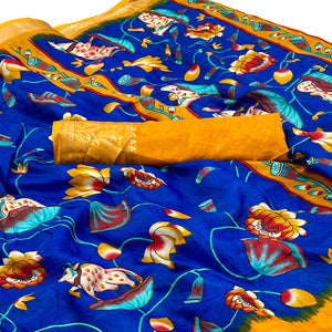 Blue Floral Printed Dola Silk Saree